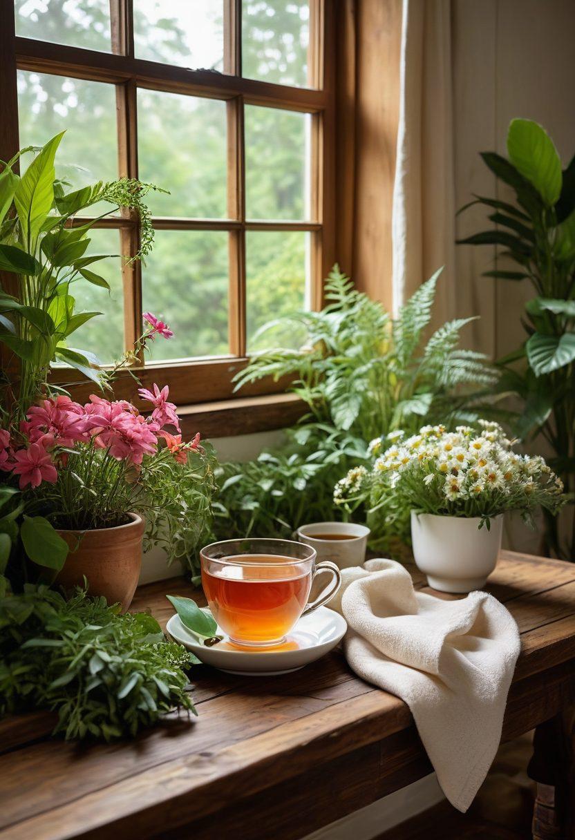 A serene home environment featuring a cozy reading nook with soft pillows, surrounded by lush indoor plants and warm lighting. A peaceful window view showcases a tranquil garden scene, inviting relaxation and contentment. In the foreground, a steaming cup of herbal tea sits on a rustic wooden table. super-realistic. vibrant colors.
