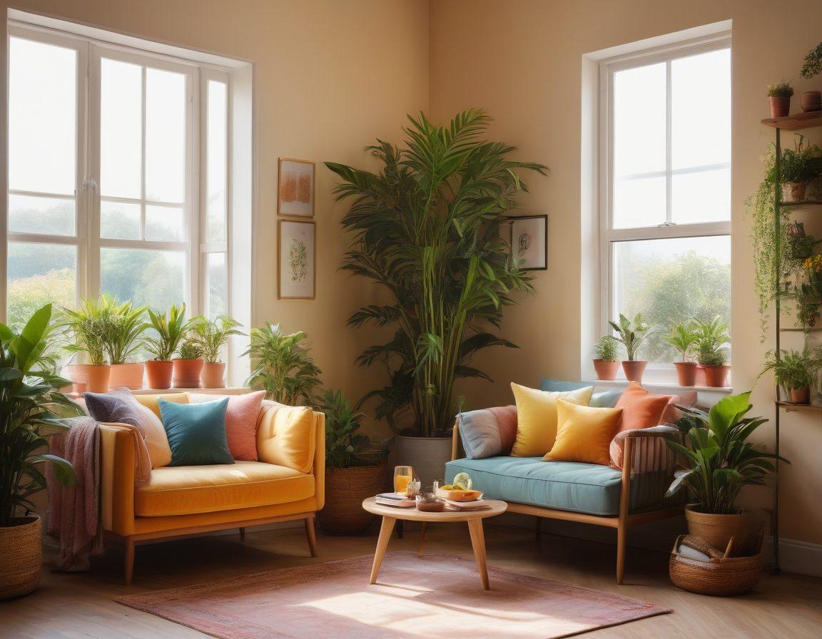 A cozy, sunlit living space adorned with lush indoor plants, colorful cushions, and a welcoming armchair, featuring an open window letting in golden sunlight. There's a calming corner with a book, a warm beverage, and inspirational quotes on the walls. Soft pastel colors dominate the scene, evoking joy and tranquility. super-realistic. vibrant colors. warm tones.
