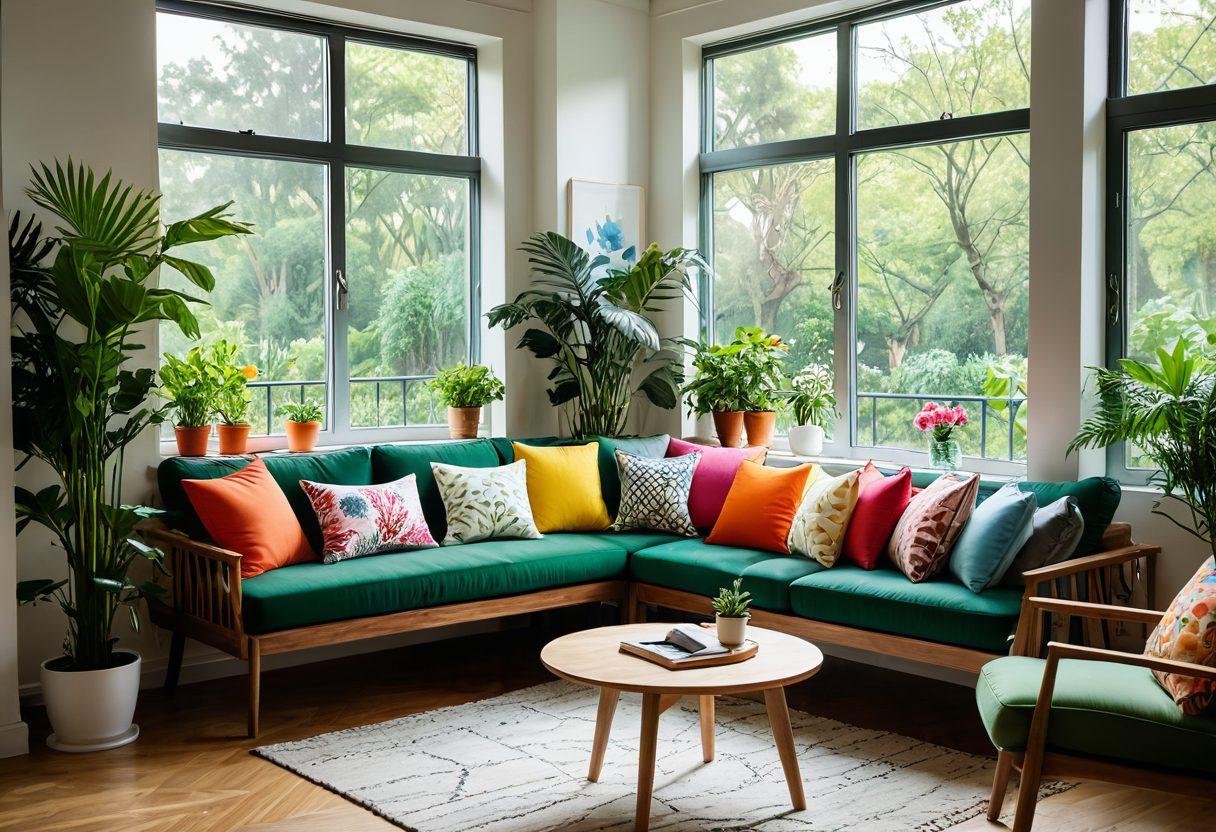 A cozy living room filled with natural light, featuring colorful cushions and a cheerful decor. Show a design workspace with sketches of home interiors and plants, evoking a sense of joy and creativity. Include a sunlit window with a view of a garden, representing blissful living. super-realistic. vibrant colors. warm ambiance.